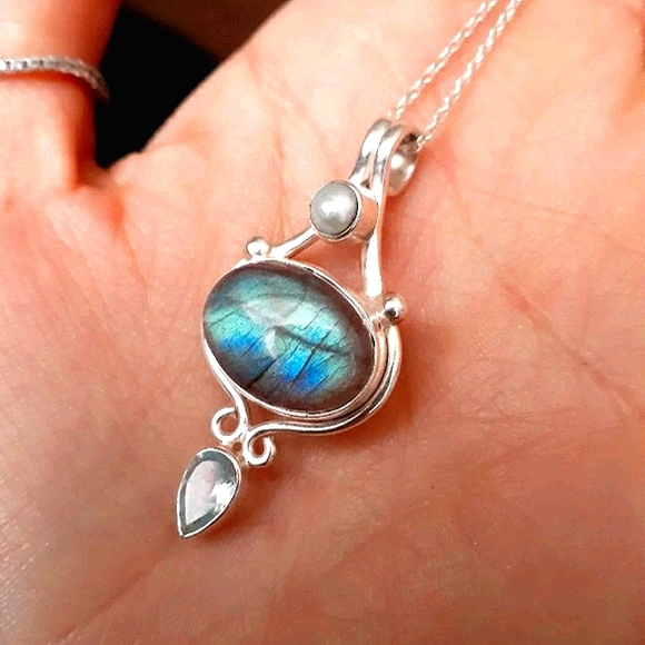 Labradorite topaz and pearl Sterling necklace - Picture 2 of 5